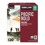 Kirkland Signature Coffee Organic Pacific Bold K-Cup Pod box, 120-count pack.