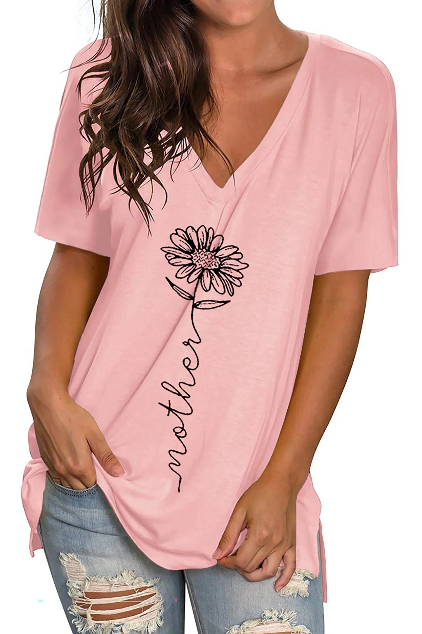 Fantaslook Mother's Day T-shirt, sunflower pattern, women's pink floral top, short sleeve.