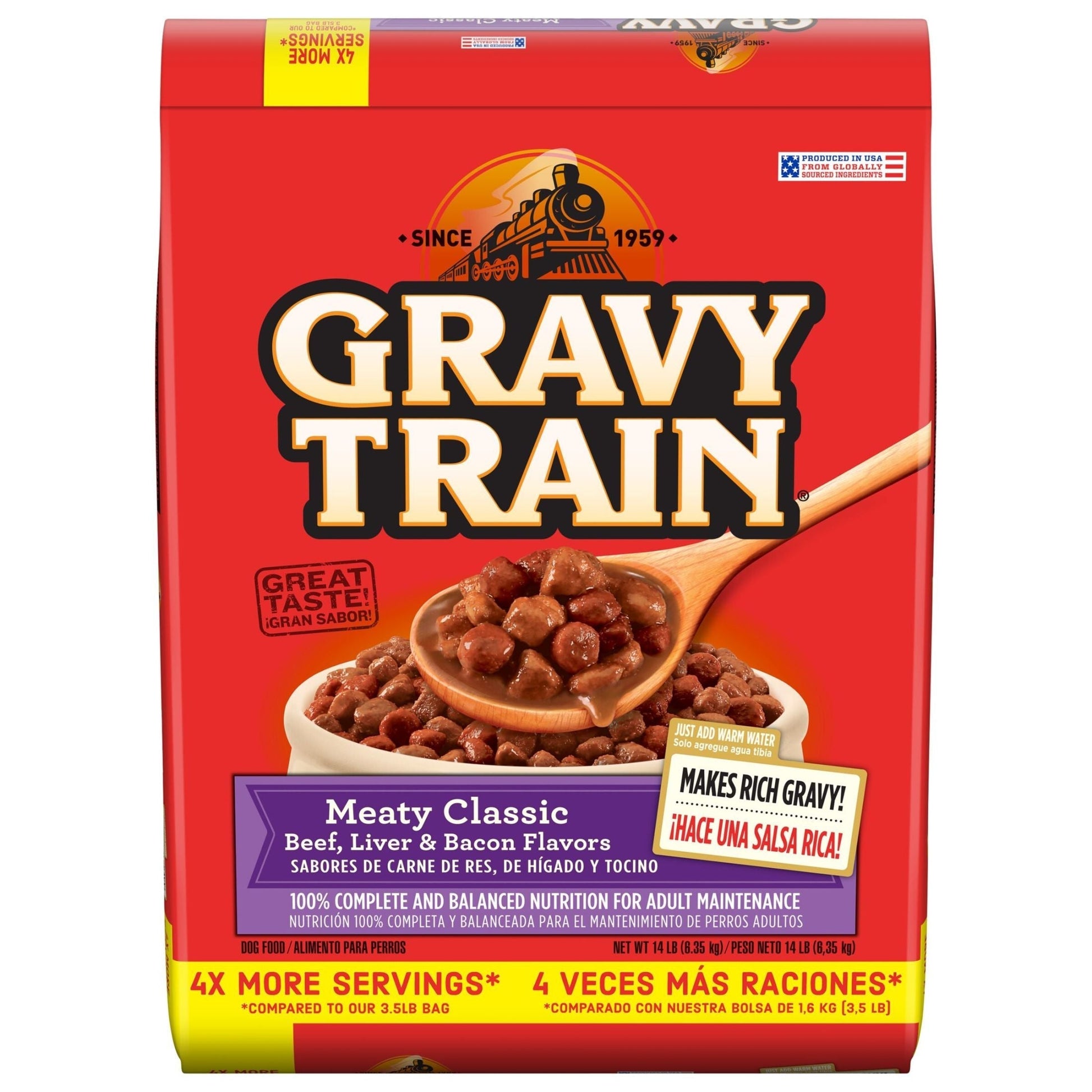 Gravy Train Meaty Classic Beef, Liver, and Bacon Flavor Dog Food, 14-pound bag.