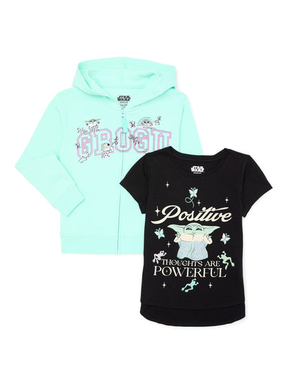 Grogu Girls Embroidered Zip Hoodie and Graphic Tee Set, 2-Piece, Sizes 4-20