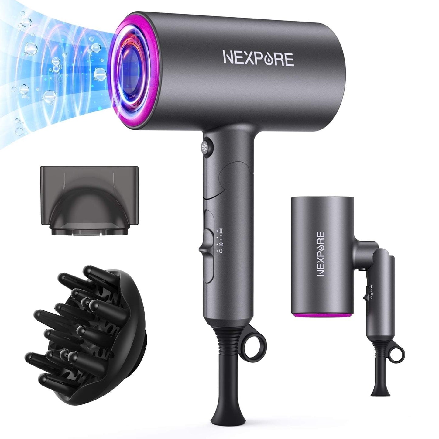 NEXPURE 1800W Professional Ionic Hair Dryer, grey, with 2 styling attachments.