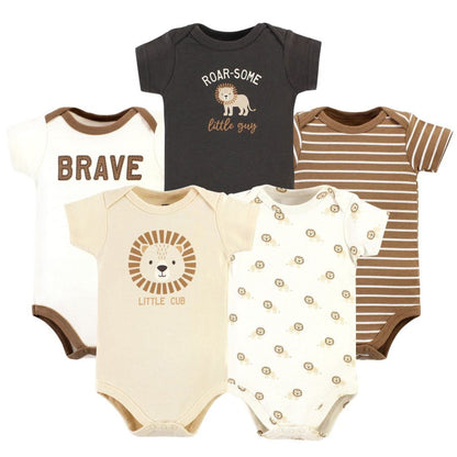 Hudson Baby short sleeve bodysuits 5-pack for newborn to 24 months, featuring soft cotton and snap closures.