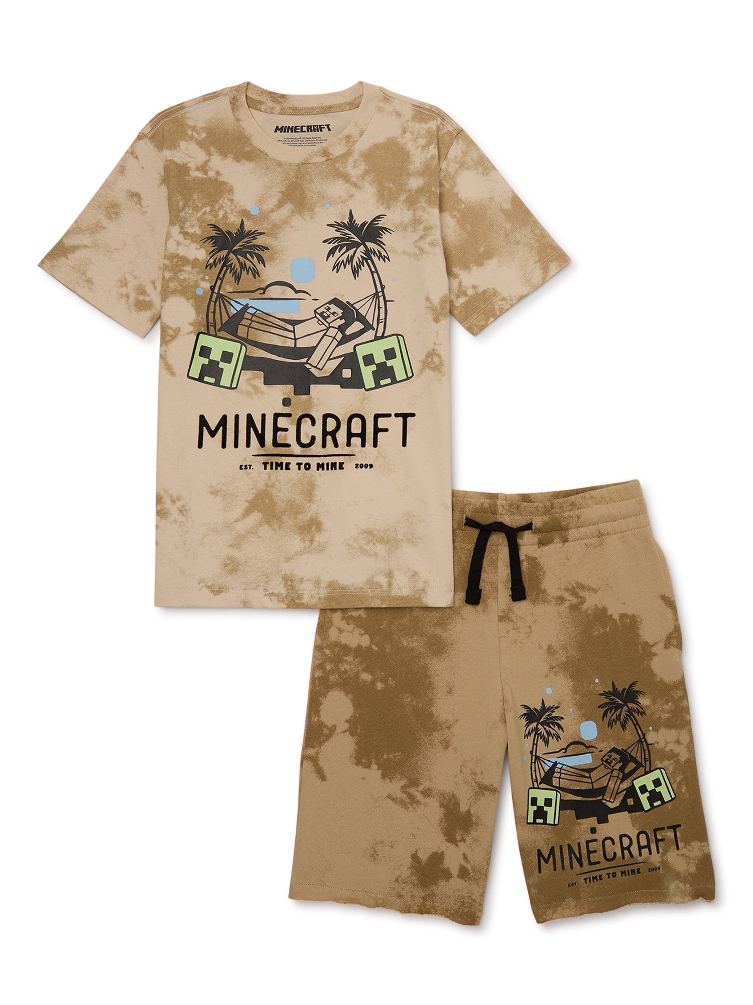 Licensed Minecraft boys fashion tee short set, beige with game design, sizes XS-2XL.