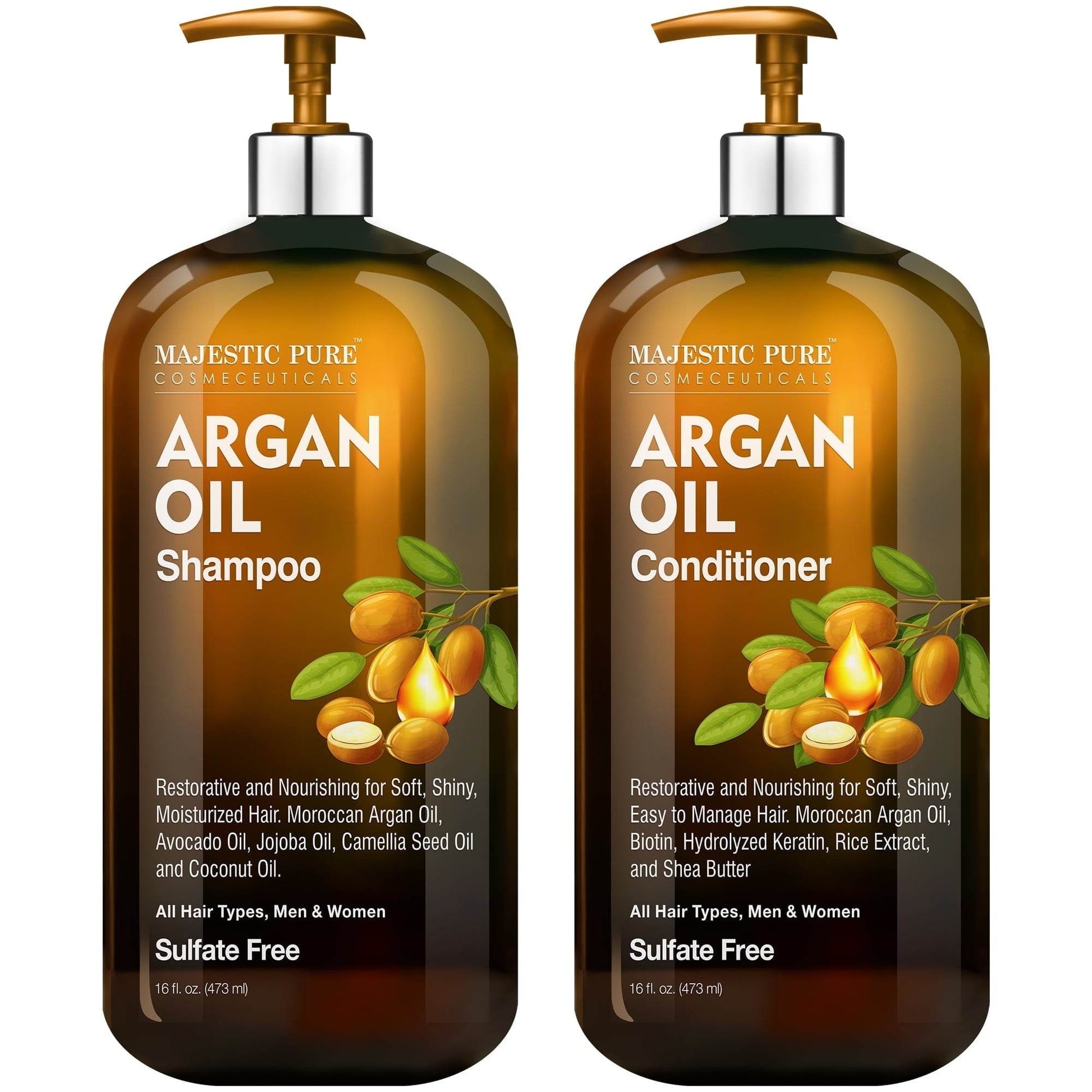 Majestic Pure Argan Oil Shampoo and Conditioner 16 fl oz bottles, sulfate-free, vitamin enriched, for men and women.