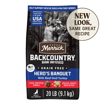 Merrick Backcountry Raw Infused Dry Dog Food, grain-free beef and turkey, 20 lb bag for adult dogs.