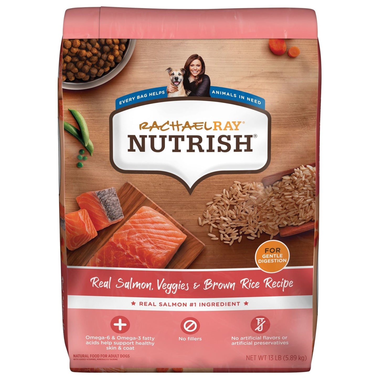 Rachael Ray Nutrish dry dog food with real salmon, veggies, and brown rice, 13 lb bag.