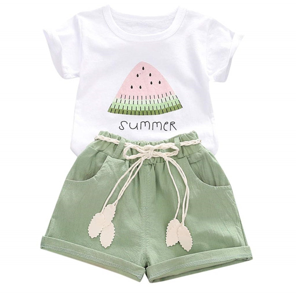 Younger Tree baby girl summer outfit set with short sleeve t-shirt and green shorts, perfect for 6-year-olds.