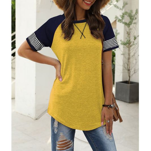 TEMOFON Summer Short Sleeve Tops for Women Color Block Casual Tunic Crew Neck Cute Striped T Shirts Yellow