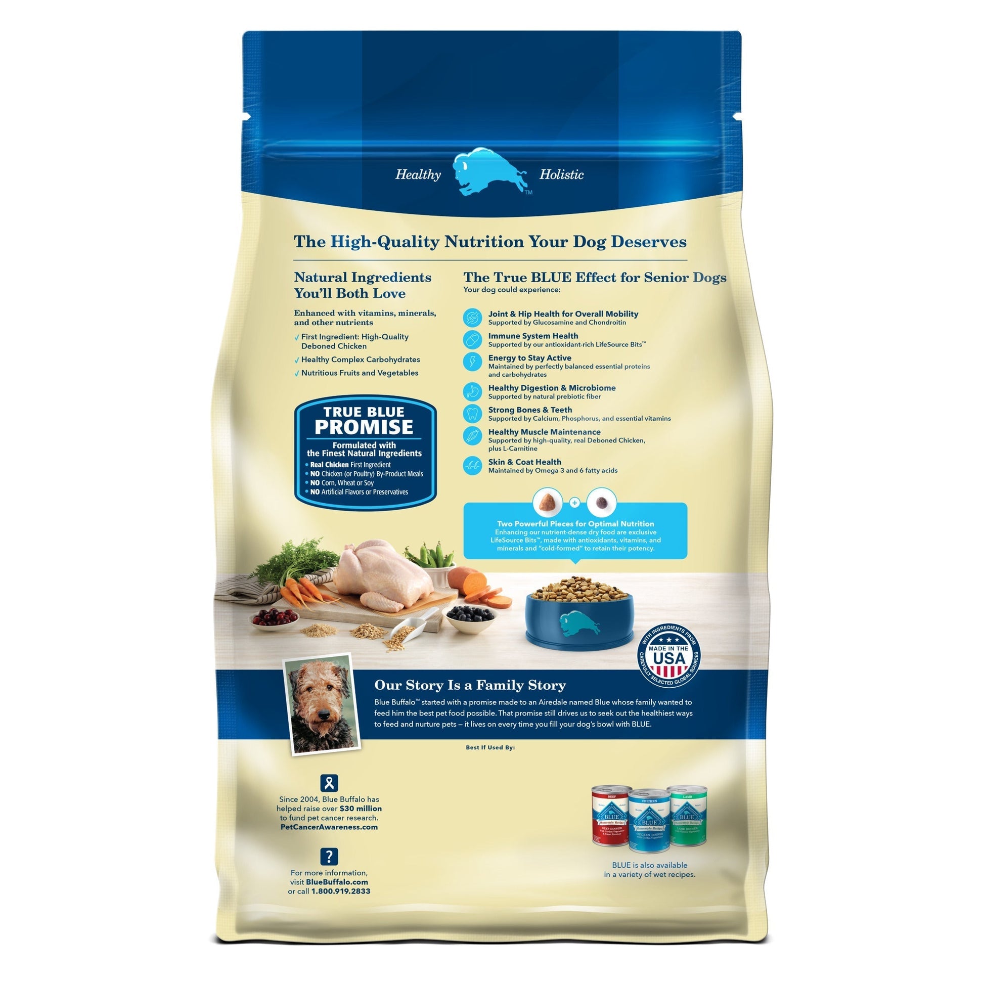 Blue Buffalo Life Protection Formula Senior Dog Food, Chicken & Brown Rice, 15lbs package with key features highlighted for senior dogs.