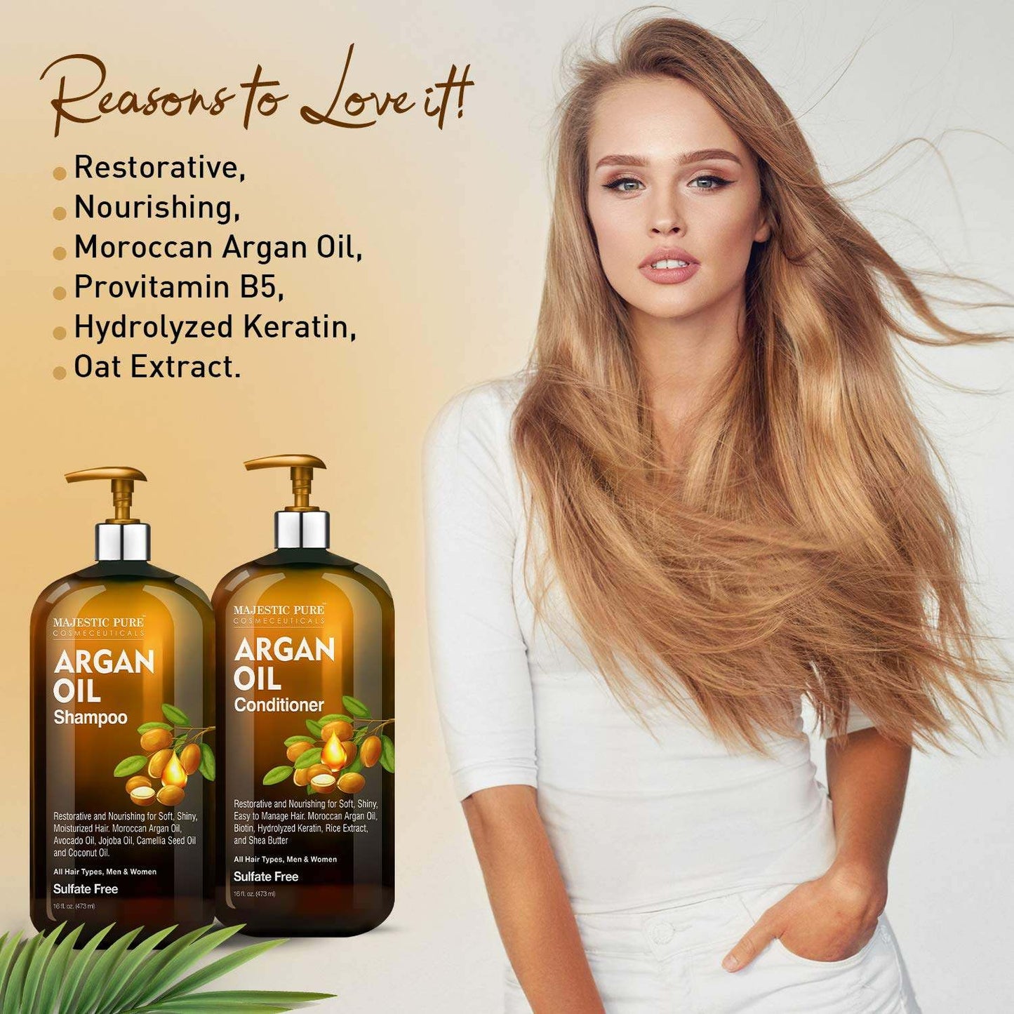 Majestic Pure Argan Oil Shampoo and Conditioner with Moroccan Argan Oil benefits and ingredients mentioned, 16 fl oz each, for healthy, radiant hair.