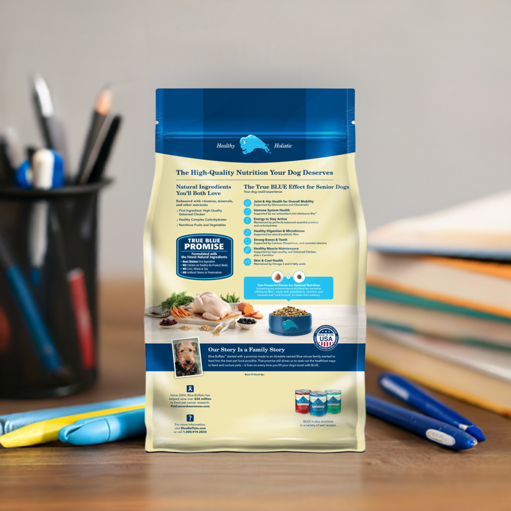 Blue Buffalo Life Protection Formula Senior Dry Dog Food, Chicken & Brown Rice, 15lbs package on a desk with office supplies.